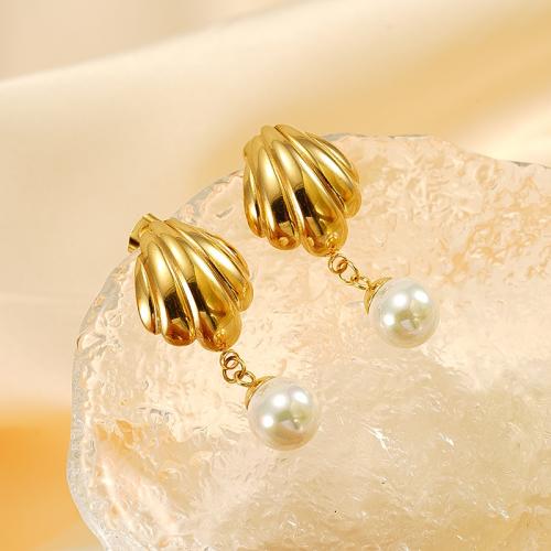 Titanium Staal Earring, met Plastic Pearl, gold plated, voor vrouw, Verkocht door pair