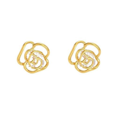 Brass Stud Earring with Cubic Zirconia Flower 18K gold plated fashion jewelry & for woman Sold By Pair