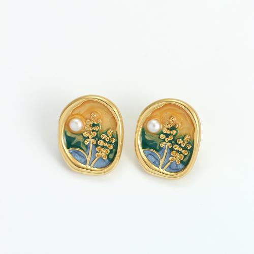 Brass Stud Earring with Freshwater Pearl 18K gold plated fashion jewelry & for woman & enamel Sold By Pair