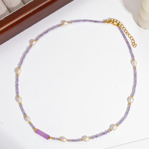 Quartz Necklace Amethyst with Freshwater Pearl & Brass with 5cm extender chain handmade fashion jewelry & for woman Length Approx 37 cm Sold By PC