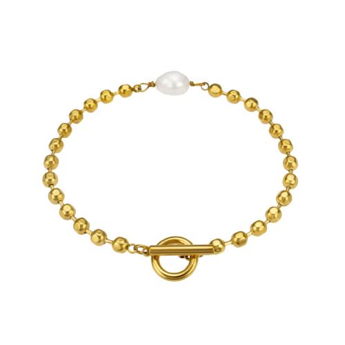 Bracelet d'acier titane, avec perle d'eau douce cultivée, Placage, pour femme, doré, Vendu par PC