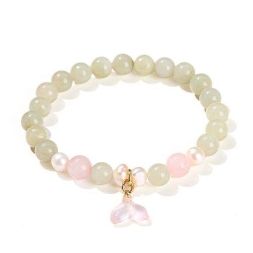 Hetian Jade bracelet, avec Shell Pearl & laiton, Queue de sirène, fait à la main, bijoux de mode & pour femme, beads length 8mm, Longueur Environ 6 pouce, Vendu par PC