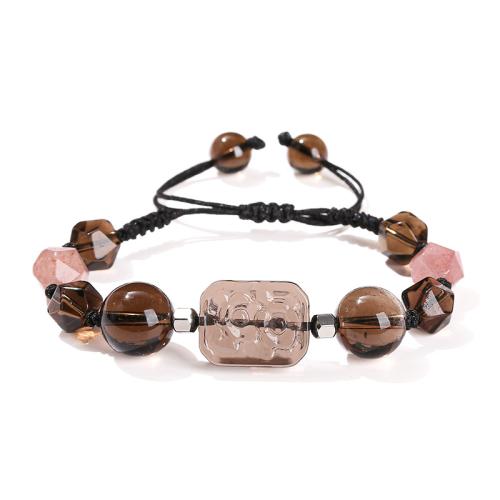 Smoky Quartz Bracelet with Ice Obsidian & Polyester Cord & 304 Stainless Steel Geometrical Pattern handmade fashion jewelry & Unisex Length Approx 6-9 Inch Sold By PC