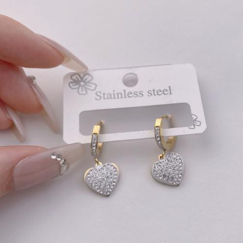 Titanium Steel  Earring Heart fashion jewelry & for woman & with rhinestone golden 25mm Sold By Pair