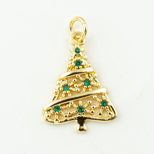 Befestigter Zirkonia Messing Anhänger, Weihnachtsbaum, Modeschmuck & Micro pave Zirkonia & für Frau, goldfarben, 23x15mm, Bohrung:ca. 3mm, 50PCs/Menge, verkauft von Menge