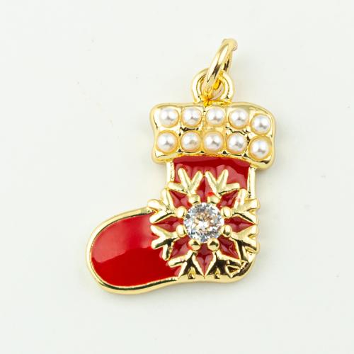 Cubic Zirconia Micro Pave Brass Pendant Christmas Sock Christmas Design & micro pave cubic zirconia & for woman & enamel golden Approx 3mm Sold By Lot