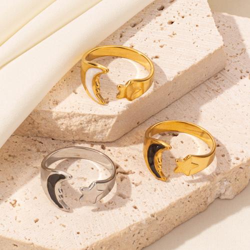 Enamel Stainless Steel Finger Ring 304 Stainless Steel Moon and Star plated for woman Sold By PC