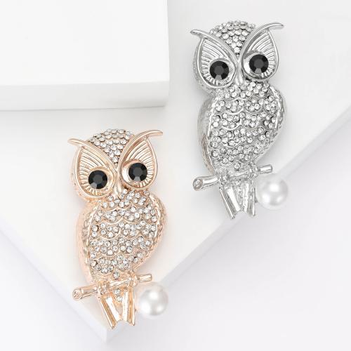 Zinc Alloy Brooches with Plastic Pearl Owl plated fashion jewelry & with rhinestone red nickel lead & cadmium free Sold By PC