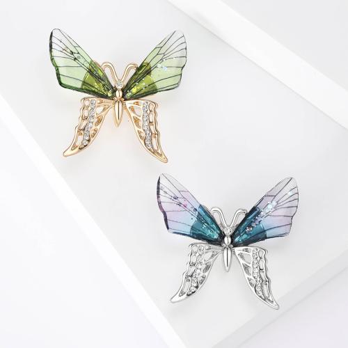 Zinc Alloy Brocher, med Akryl, Butterfly, forgyldt, mode smykker & med rhinestone, flere farver til valg, nikkel, bly & cadmium fri, 35x38mm, Solgt af PC