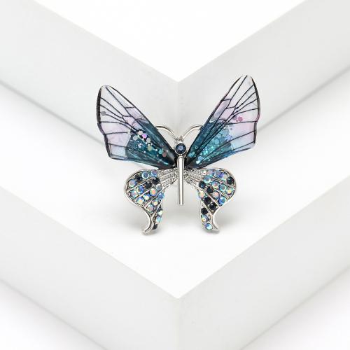 Zinc Alloy Brocher, med Akryl, Butterfly, forgyldt, mode smykker & med rhinestone, blå, nikkel, bly & cadmium fri, 35x35mm, Solgt af PC