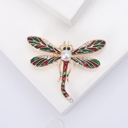 Zinc Alloy Brocher, med Plastic Pearl, Dragonfly, forgyldt, mode smykker & emalje & med rhinestone, flere farver til valg, nikkel, bly & cadmium fri, 48x39mm, Solgt af PC