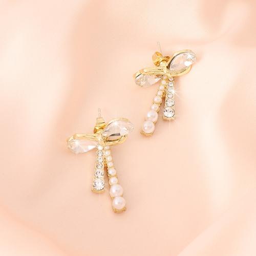 Zinc Alloy Stud Earring with Crystal & Plastic Pearl Bowknot gold color plated fashion jewelry & for woman Sold By Pair