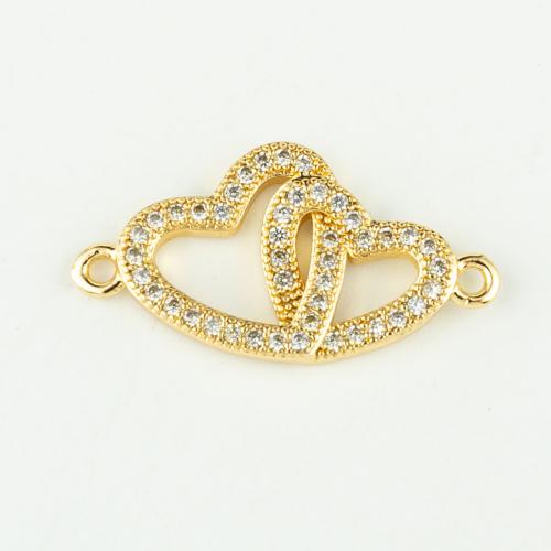 Cubic Zirconia Micro Pave Latão Connector, cobre, Coração, banhado a ouro genuino, DIY & micro pavimento em zircônia cúbica, dourado, vendido por PC