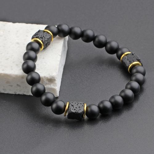 Bracelets de pierres précieuses, lave volcanique, avec Abrazine Stone & alliage de zinc, Rond, unisexe, noire, protéger l'environnement, sans nickel, plomb et cadmium, Vendu par PC