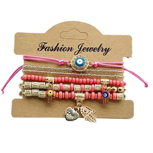 résine Set de bracelet, avec alliage de zinc, fait à la main, multicouche & Style bohème & unisexe & motif de mauvais œil, plus de couleurs à choisir, Diamètre intérieur:Environ 60mm, Vendu par fixé