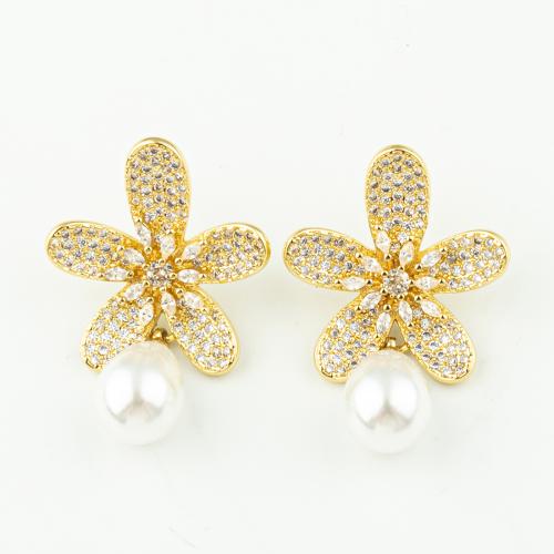 Boucles d'oreilles en laiton zircon cubique pavent, avec perle de plastique, fleur, bijoux de mode & pavé de micro zircon & pour femme, doré, 40x25mm, 50pairescouple/lot, Vendu par lot