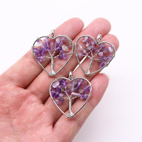 Gemstone Vedhæng Smykker, Natursten, med Zinc Alloy, Heart, sølvfarvet forgyldt, du kan DIY & forskellige materialer til valg, flere farver til valg, 33x38mm, Solgt af PC