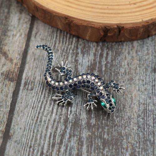 Zinc Alloy Brocher, Gecko, sølvfarvet forgyldt, for kvinde & med rhinestone, grøn, nikkel, bly & cadmium fri, 60x20mm, Solgt af PC