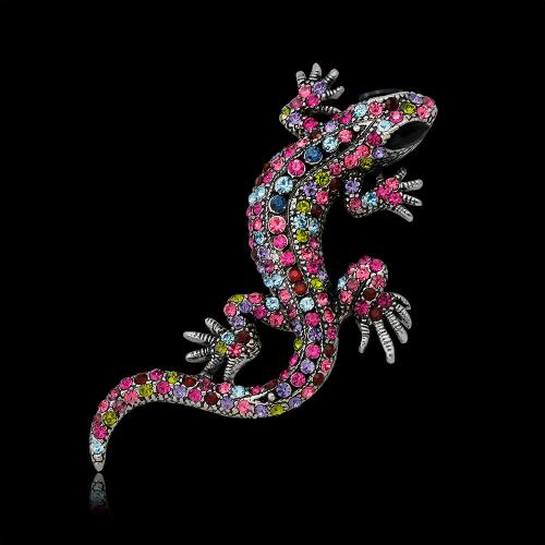 Zinc Alloy Brocher, Gecko, guldfarve belagt, for kvinde & med rhinestone, flerfarvede, nikkel, bly & cadmium fri, 35x64mm, Solgt af PC