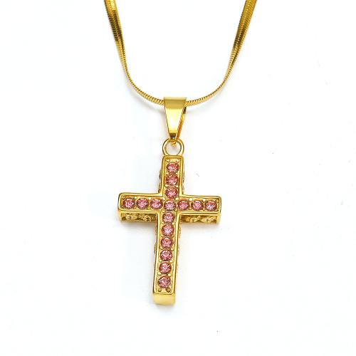 Titanium Steel Necklace Cross gold color plated micro pave cubic zirconia & for woman Sold By PC