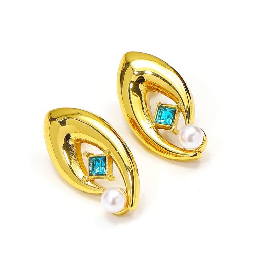 Titanium Staal Earring, met Plastic Pearl, gold plated, voor vrouw & met strass, Verkocht door PC