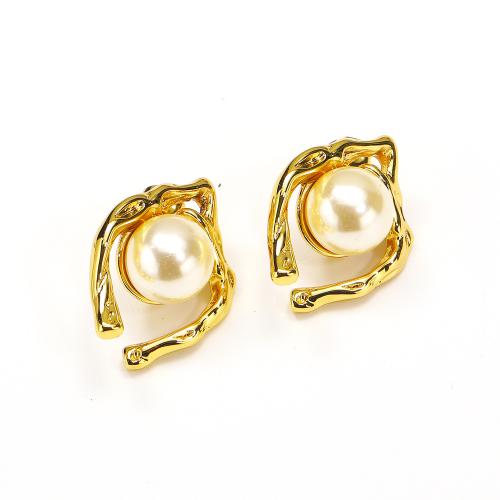 Titanium Staal Earring, met Plastic Pearl, gold plated, voor vrouw, Verkocht door pair