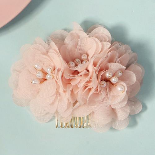 Decorative Hair Combs Zinc Alloy with Gauze & Plastic Pearl Flower plated for bridal pink Sold By PC