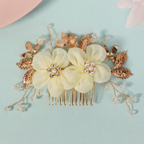 Decorative Hair Combs Zinc Alloy with Gauze Flower plated for bridal & with rhinestone gold Sold By PC