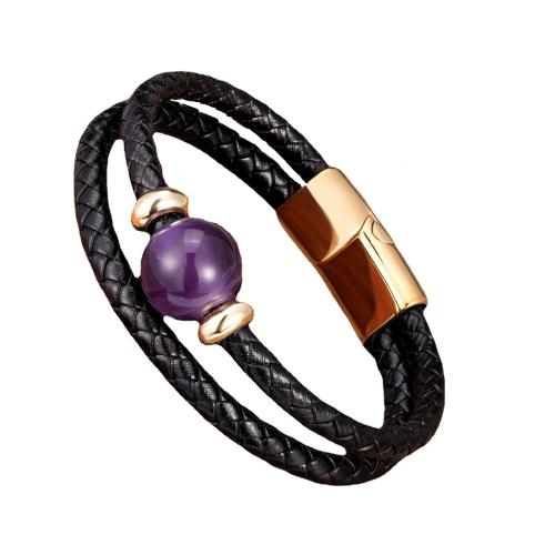 Leather Cord Bracelet 304 Stainless Steel with leather cord & Gemstone plated Unisex Length Approx 21 cm Sold By PC