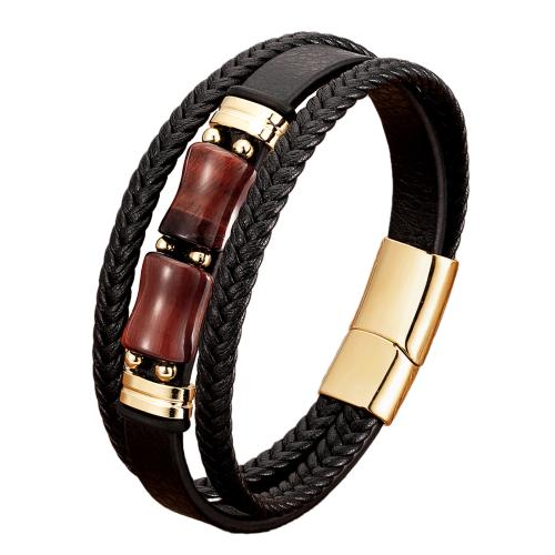 Leather Cord Bracelet 304 Stainless Steel with leather cord & Tiger Eye plated Unisex Length Approx 21 cm Sold By PC