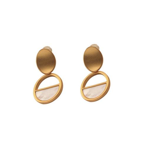 Brass Drop Earring with White Shell Geometrical Pattern gold color plated for woman & hollow & matte Sold By Pair