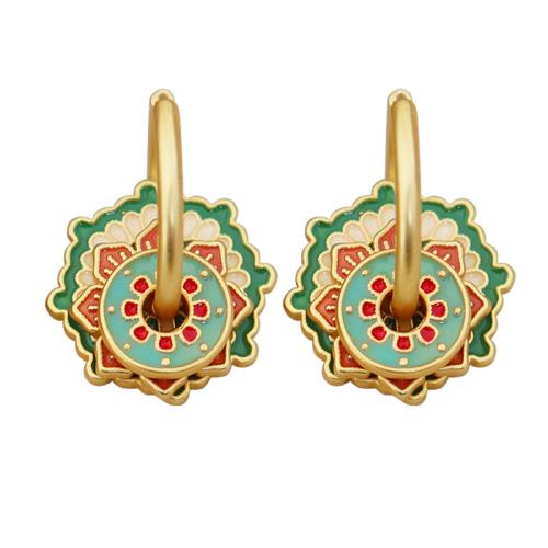 Brass Huggie Hoop Drop Earring Flower gold color plated folk style & for woman & enamel Sold By Pair