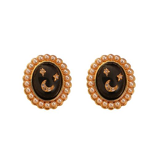 Brass Stud Earring with Natural Stone & Plastic Pearl Oval gold color plated for woman & with rhinestone Sold By Pair