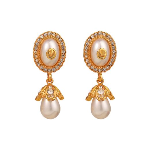 Messing Drop Earring, med Plastic Pearl, guldfarve belagt, Micro Pave cubic zirconia & for kvinde, 43x16x11mm, Solgt af par