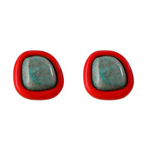 Brass Stud Earring with Natural Stone Geometrical Pattern fashion jewelry & for woman 13mm Sold By Pair