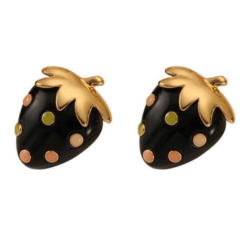 Brass Stud Earring Strawberry gold color plated & for woman & enamel Sold By Pair