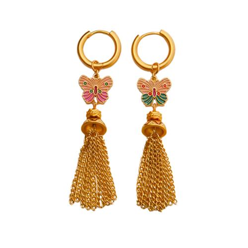 Brass Tassel Earring Butterfly gold color plated for woman & enamel Sold By Pair