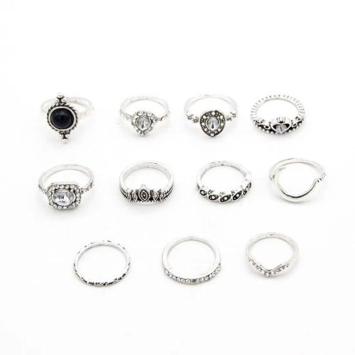 Zinc Alloy Ring Set 11 pieces & fashion jewelry & for woman & with rhinestone silver color Sold By Set