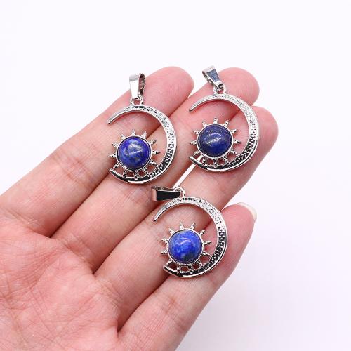 Gemstone Pendants Jewelry Natural Stone with Zinc Alloy Moon silver color plated DIY Sold By PC