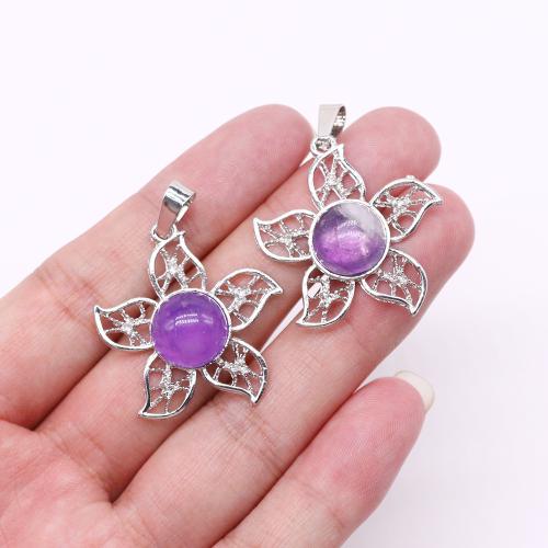 Gemstone Pendants Jewelry Natural Stone with Zinc Alloy Flower silver color plated DIY Sold By PC