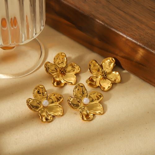 Roestvrij staal Stud Earrings, 304 roestvrij staal, met Plastic Pearl, Bloem, gold plated, verschillende stijlen voor de keuze & voor vrouw, meer kleuren voor de keuze, nikkel, lood en cadmium vrij, Verkocht door pair