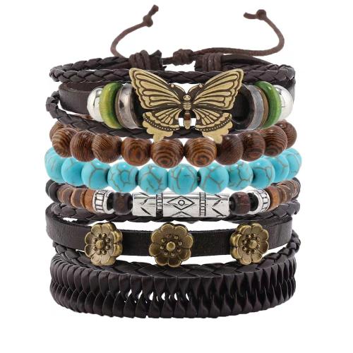 PU Leather Cord Bracelets with turquoise & Wood handmade 6 pieces & fashion jewelry & Unisex Sold By Set