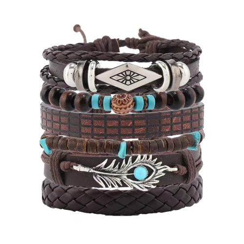 PU Leather Cord Bracelets with turquoise & Coconut & Zinc Alloy handmade 6 pieces & fashion jewelry & Unisex Sold By Set