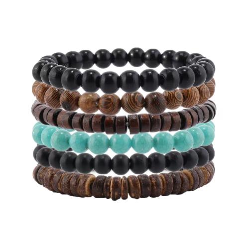 Wood Bracelets with turquoise & Coconut & Elastic Thread handmade 6 pieces & fashion jewelry & Unisex Sold By Set