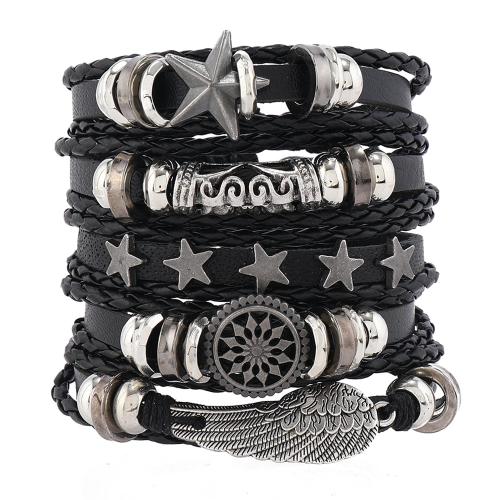 PU Leather Cord Bracelets with Zinc Alloy handmade 5 pieces & fashion jewelry & Unisex black Sold By Set