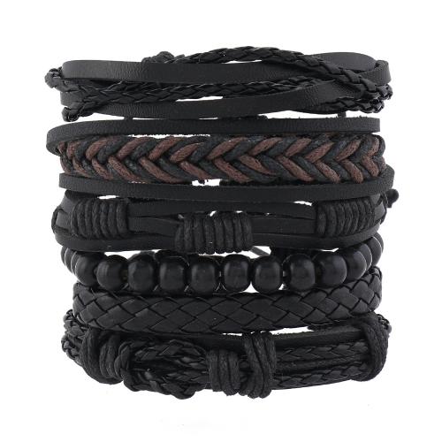 PU Leather Cord Bracelets with Elastic Thread & Wood handmade 6 pieces & fashion jewelry & Unisex Sold By Set