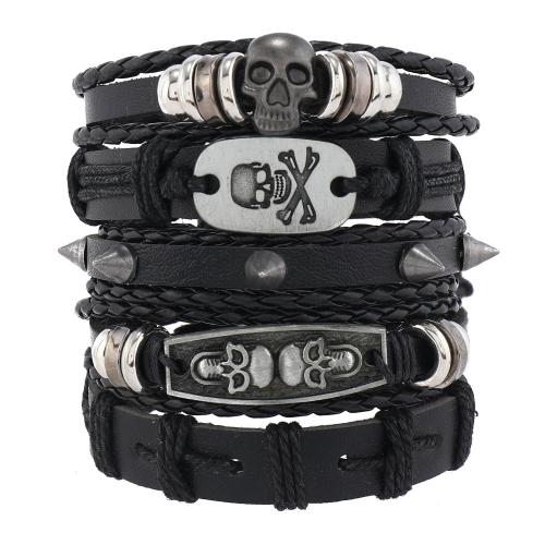 PU Leather Cord Bracelets with Zinc Alloy handmade 5 pieces & fashion jewelry & Unisex black Sold By Set