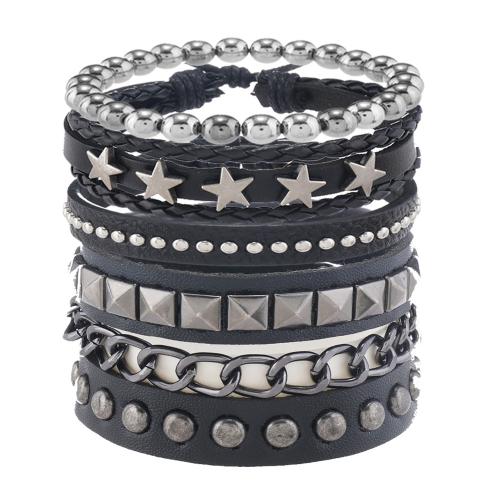 PU Leather Cord Bracelets with Elastic Thread & Copper Coated Plastic & Zinc Alloy handmade 4 pieces & fashion jewelry & Unisex black Sold By Set