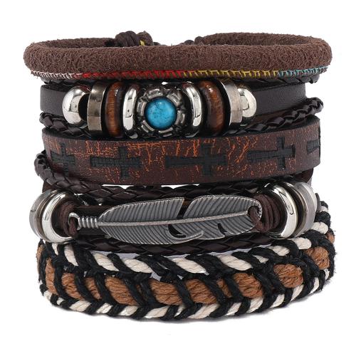 PU Leather Cord Bracelets with turquoise & Zinc Alloy handmade 6 pieces & fashion jewelry & for man Sold By Set