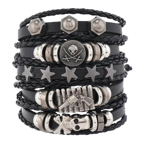 PU Leather Cord Bracelets with Zinc Alloy handmade 5 pieces & fashion jewelry & Unisex black Sold By Set